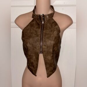 Faux Leather Halter Top Zip Front Buckle Neck Brown Small Blanc Clothing